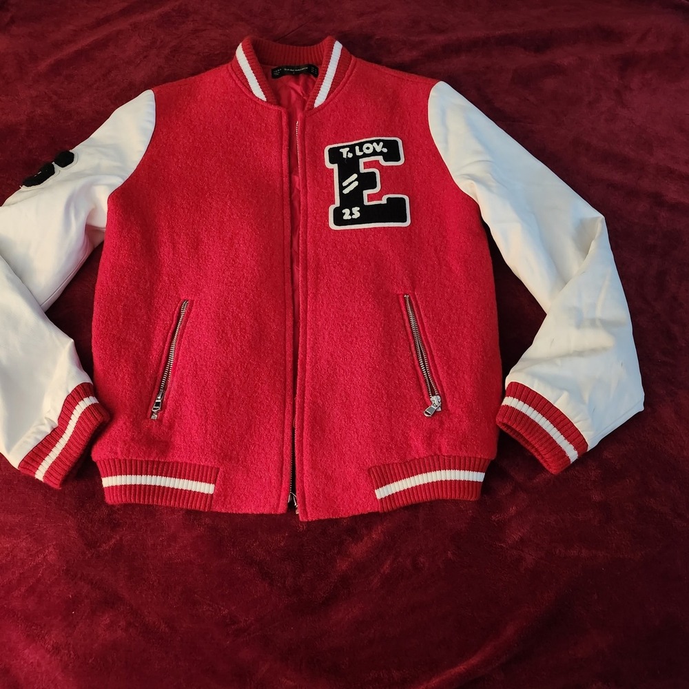 Zara Trafaluc Red Varsity Jacket Letterman Patch Faux Leather Sleeves Womens M